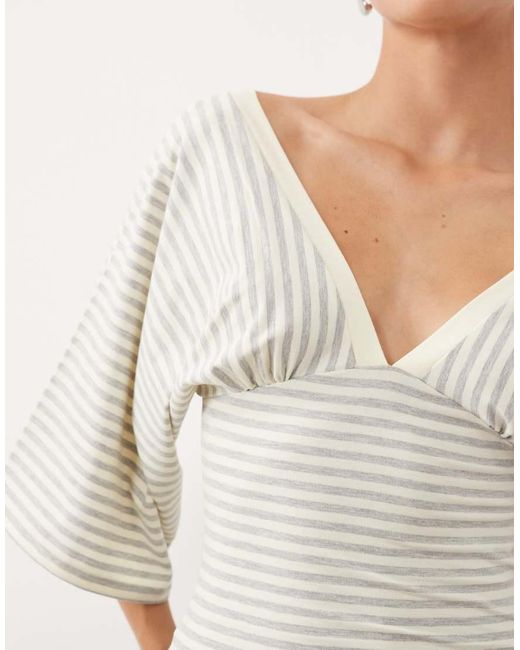 Gina Tricot White Deep V Neck Wide Sleeve Top