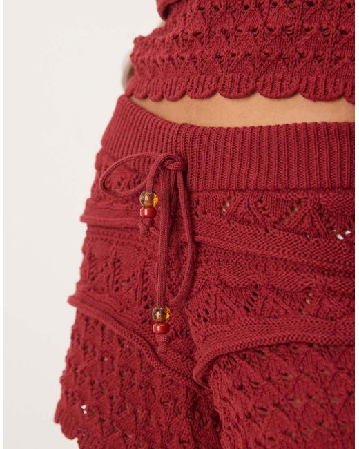 ASOS Red Crochet Knit Short Co-ord With Beaded Front Tie