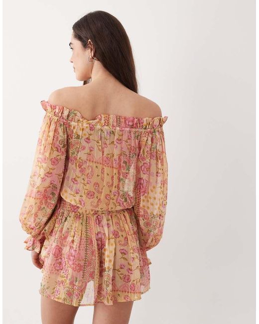 Aray Pink Sheer Off Shoulder Mini Beach Dress