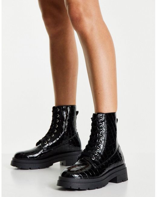 TOPSHOP Kali Lace Up Boot in Black Croc 