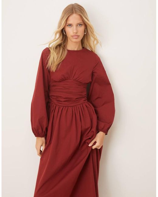 Vestido Largo Con Cuello Redondo, Cintura Fruncida Y Mangas Voluminosas De Popelina De -Rojo ASOS