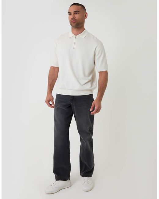 Threadbare White Relaxed Fit Knitted Quarter Zip Polo for men