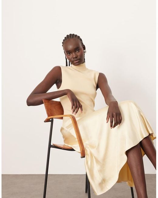 ARRANGE Natural Knit Drop Waist Midi Dress With Satin Skirt