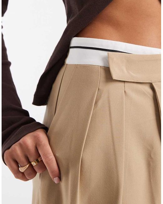ASOS Natural Decon Tailored Wide Leg Deconstructed Contrast Waistband Trousers