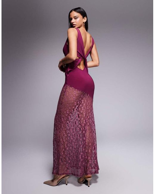 ASOS Purple Lace Mix Slinky Plunge Maxi Dress