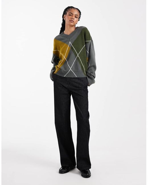 ASOS Multicolor Knitted Argyle V Neck Jumper