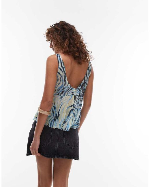 TOPSHOP Gekreukeld Mesh Top Met V-Hals En Print in het Blue