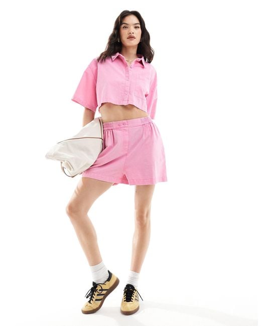 ASOS Pink Cropped Shirt With Linen Look
