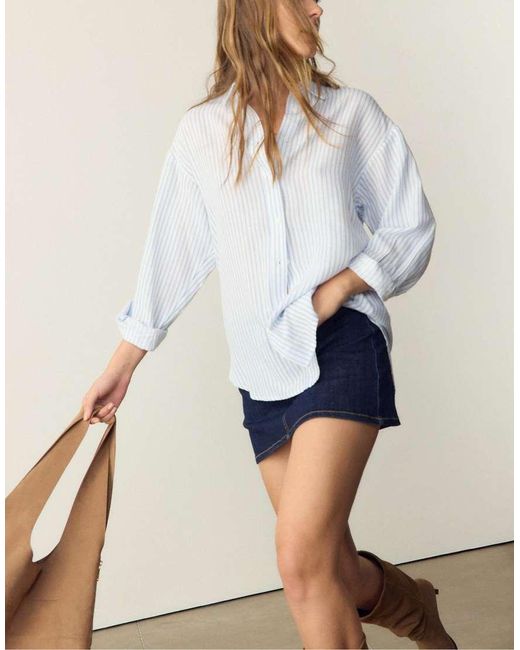Stradivarius Blue Linen-effect Shirt