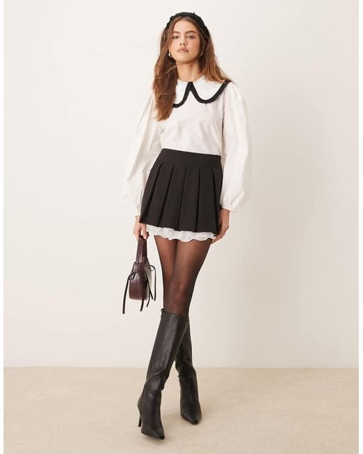 Miss Selfridge Natural Pleated Mini Skirt With Lace Hem