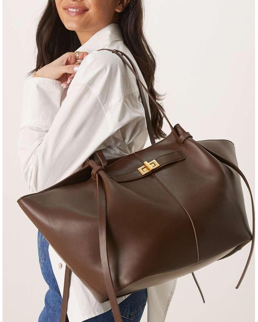 Gina Tricot Blue Faux Leather Medium Tote Bag With Strap And Clutch Detail