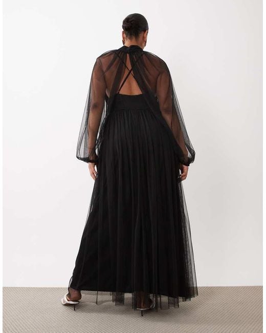 Lace & Beads Plus Black Tulle Sheer Balloon Sleeve High Neck Plunge Neck Maxi Dress