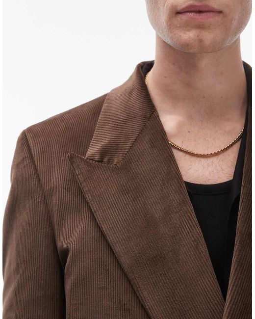 Topman Brown Oversized Double Breasted Cord Suit Jacket for men