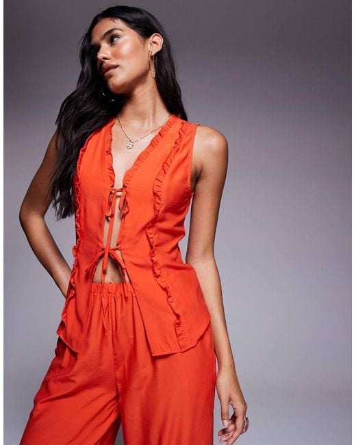 Missy Empire Red Ruffle Trim Tie Front Top Co-Ord