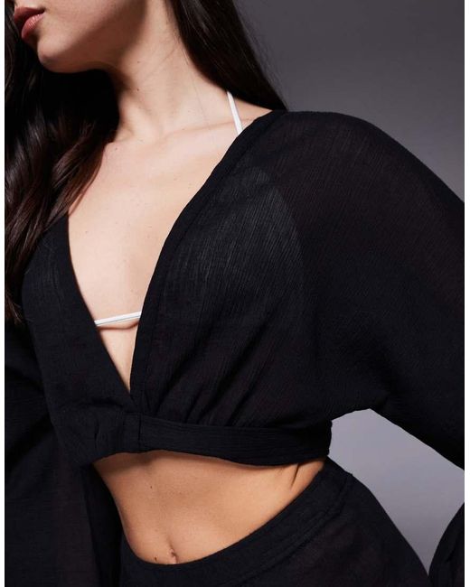 ASOS Black Kiki Beach Plunge Long Sleeve Top