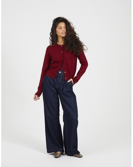 Brave Soul Red Crew Neck Cardigan With Metallic Buttons