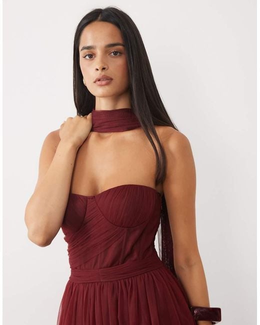 LACE & BEADS Red Tulle Bandeau Scarf Neck Corset Maxi Dress