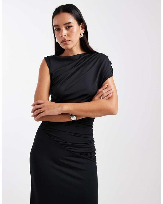 4th & Reckless Blue Double Layered Slinky Drape Waist Detail High Neck Sleeveless Maxi Dress