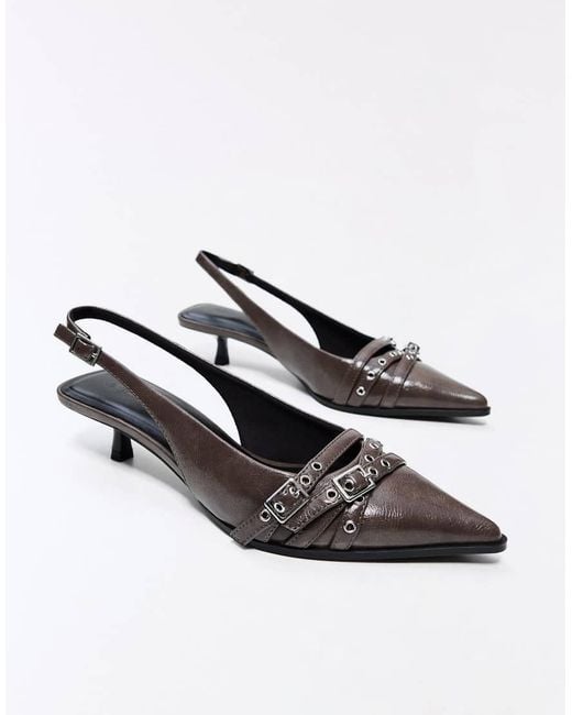 Bershka White Kitten Heel Slingback Shoes With Buckles