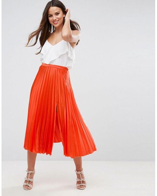 ASOS Satin Pleated Midi Skirt With Thigh Split in Orange | Lyst UK