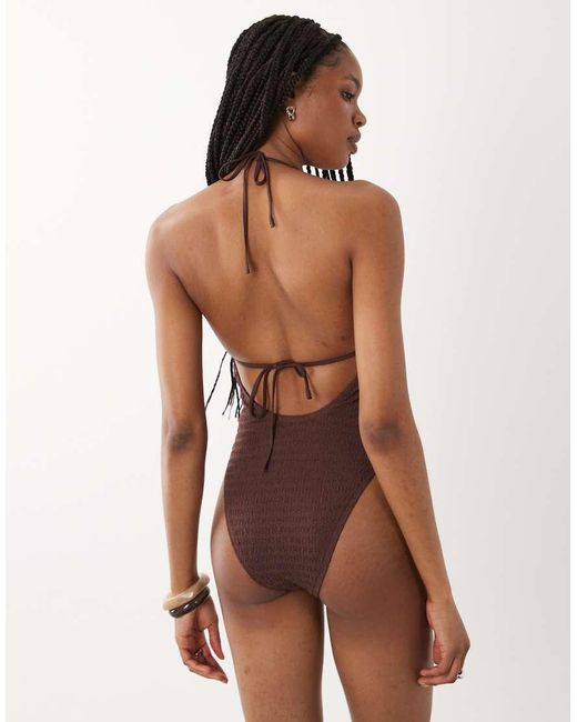 ASOS Brown Asos Design Tall Ruthie Plunge Cut Out Swimsuit With Resin Trim