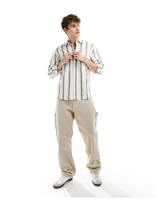 Pull&Bear White Revere Neck Long Sleeve Stripe Shirt for men