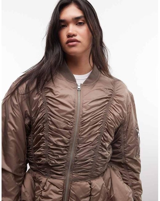 Monki Brown Ruched Bomber Jacket