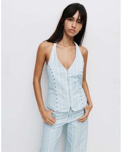 Pull&Bear Blue Striped Denim Halter Top