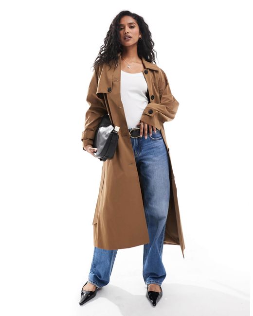 Vila Blue Tie Waist Trench Coat With Button Front Detail