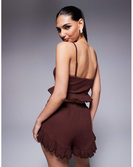 ASOS Brown Co-ord Crinkle Frill Hem Crop Top