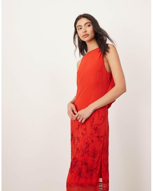 ARRANGE Embroidered Drape Back Midi Dress With Fringe Hem