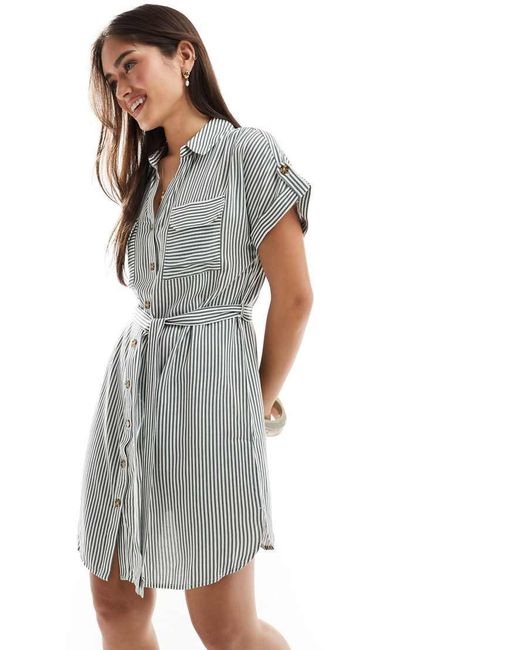 Vestito Camicia Corto Kaki A Righe Con Tasche di Vero Moda in White