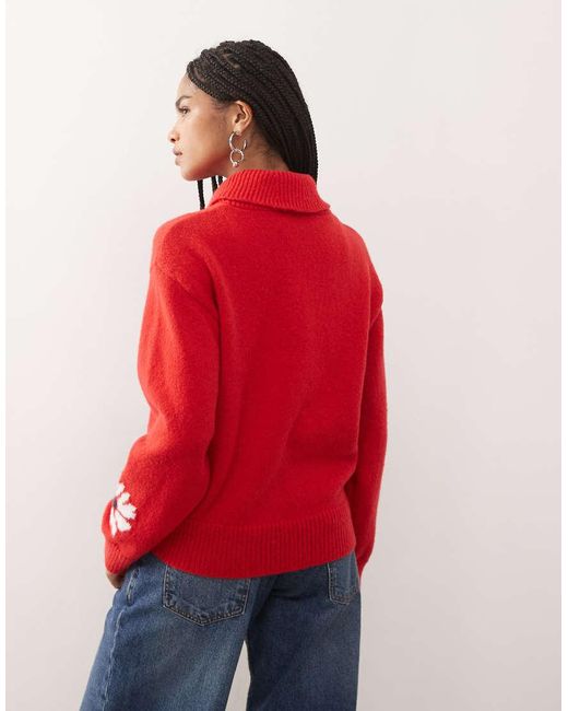 Reclaimed Vintage Red Knit Zip Up Cardigan With Flower Detail