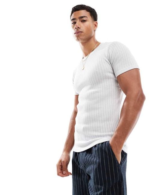 Jack & Jones White Muscle Fit Ribbed T-shirt for men