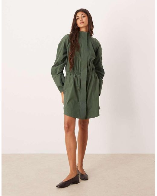 ASOS Green High Neck Shirt Mini Dress With Cinched Waist