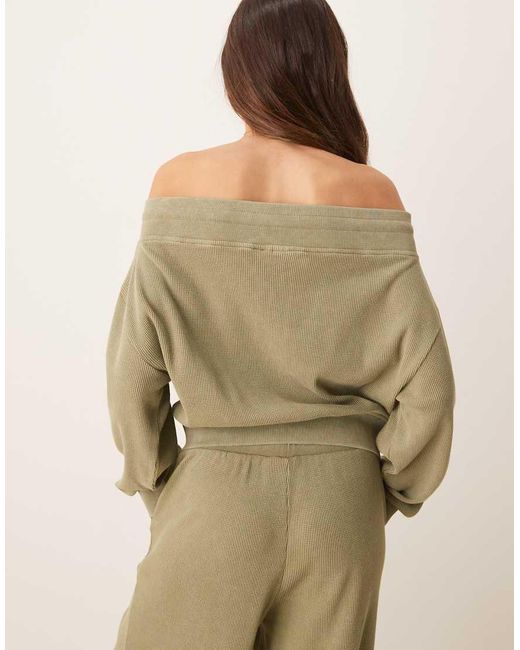 ASOS Natural Waffle Off Shoulder Zip Through Sweat