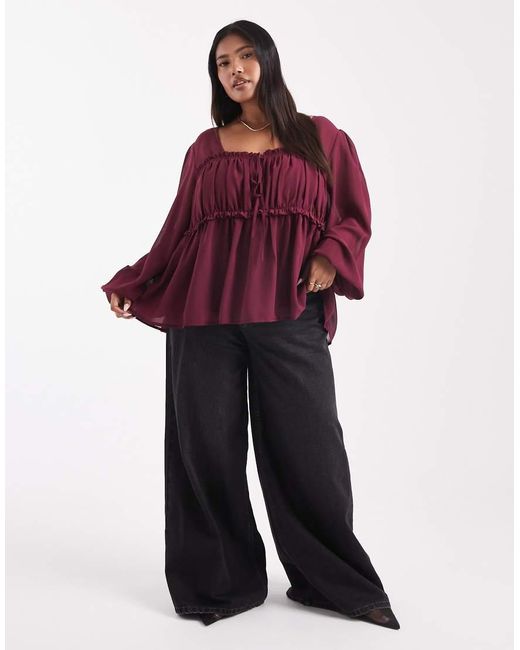 ASOS Purple Asos Design Curve Sheer Yoke Ruched Detail Blouse
