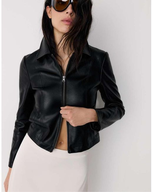 Stradivarius Black Fitted Leather Effect Jacket
