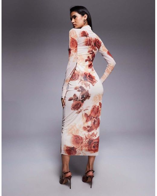 AFRM Pink Mesh Roll Neck Long Sleeve Midaxi Dress