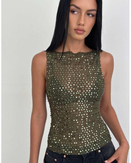 Motel Green Dudley Sequin Knit Singlet Top