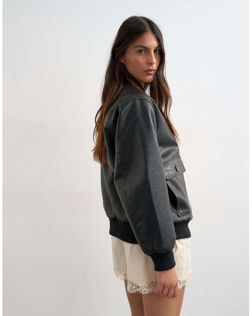 TOPSHOP Black Faux Leather Nero Collar Bomber Jacket