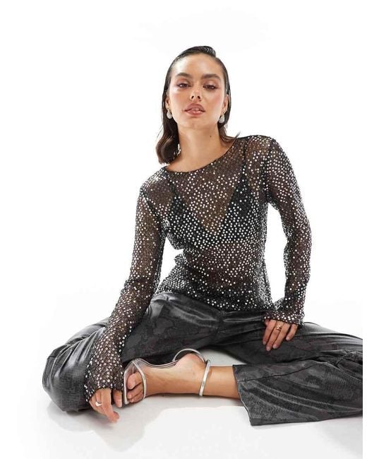 Pieces Black Long Sleeve Sequin Mesh Top