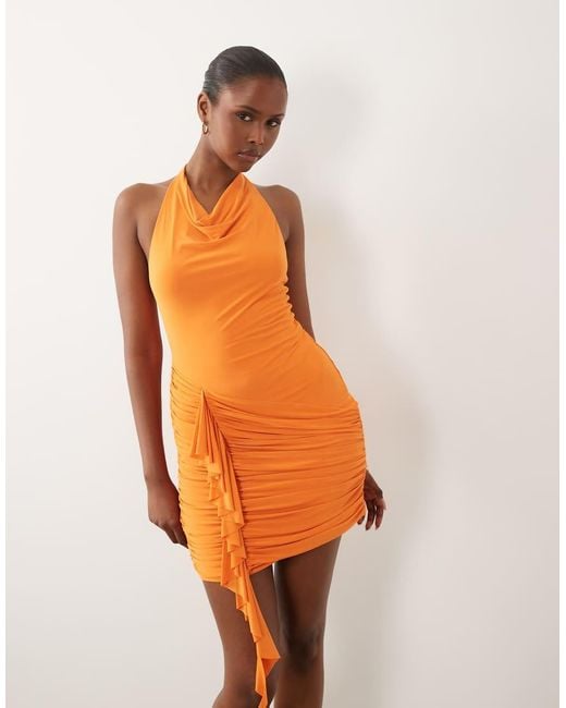 ASOS Gray High Neck Cowl Draped Slinky Mini Dress With Flowing Ruffle