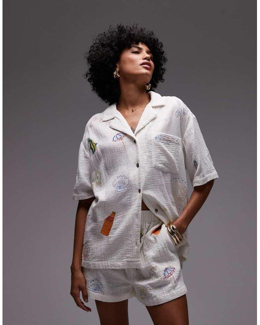 TOPSHOP Gray Co Ord Cotton Doodle Embroidery Pull On Shorts