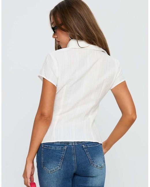 Princess Polly Blue Cottesloe Cotton Rich Pleat Waist Detail Fitted Short Sleeve Shirt