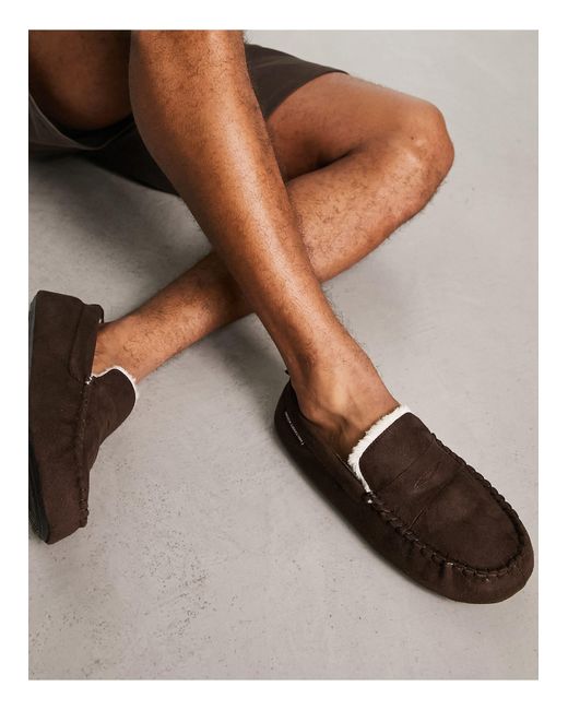 French Connection Brown Mocassin Faux Fur Line Slippers for men