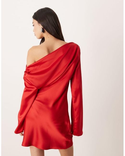 ASOS Red Satin Drape Long Sleeve Off Shoulder Mini Dress