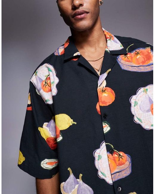 ASOS Gray Boxy Oversized Revere Printed Shirt for men