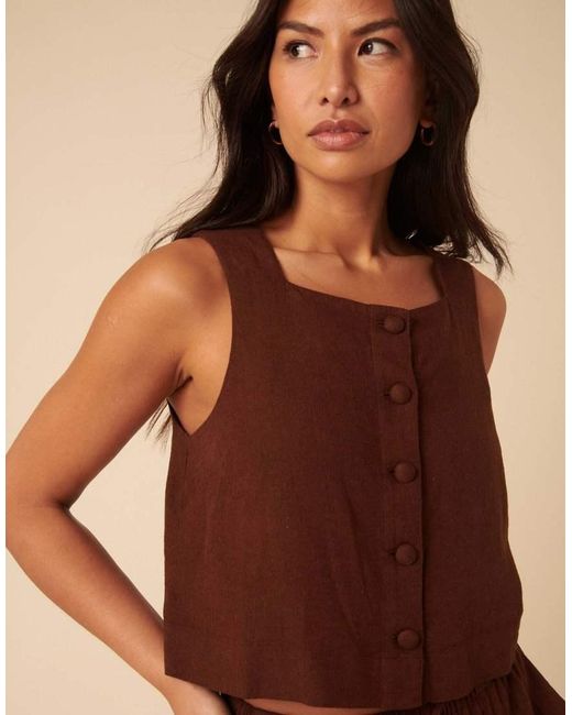 Nobody's Child Brown Linen-Blend Button Front Top