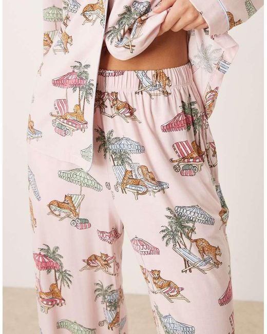 Chelsea Peers Natural Leopard Summer Print Jersey Revere Pyjama Set